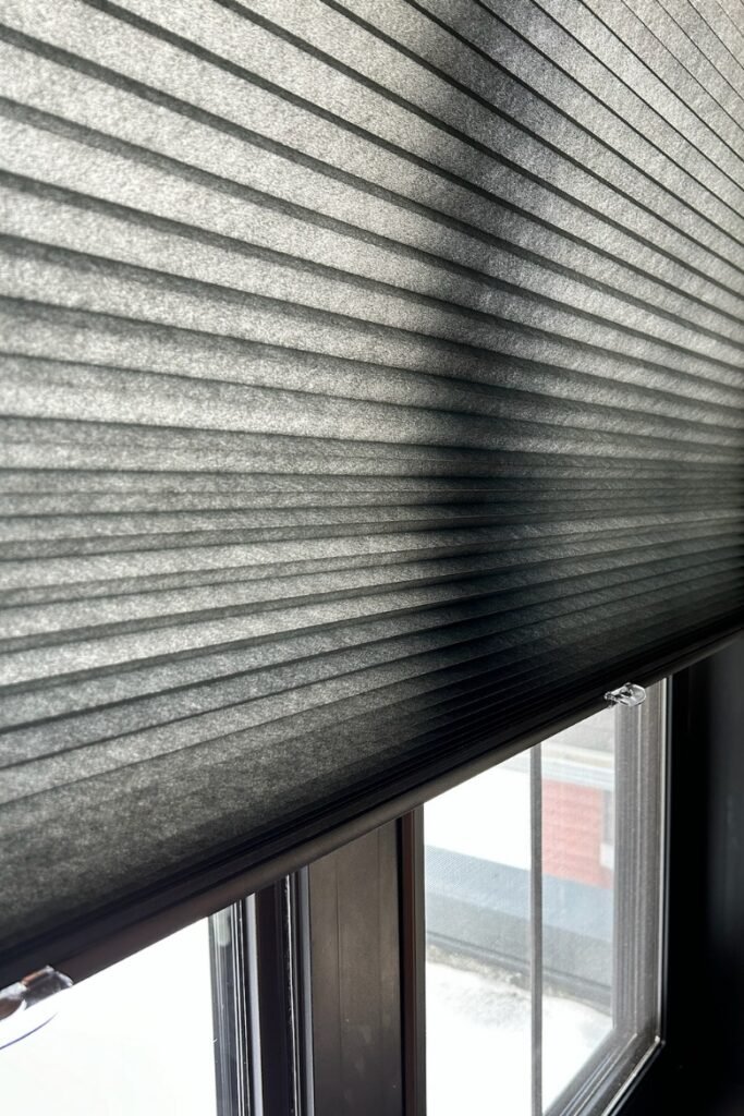 Charcoal pleated shade partially lowered on a black-framed window with divided panes.