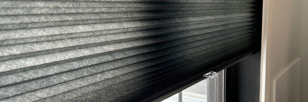 Charcoal pleated shade partially lowered on a black-framed window with divided panes.